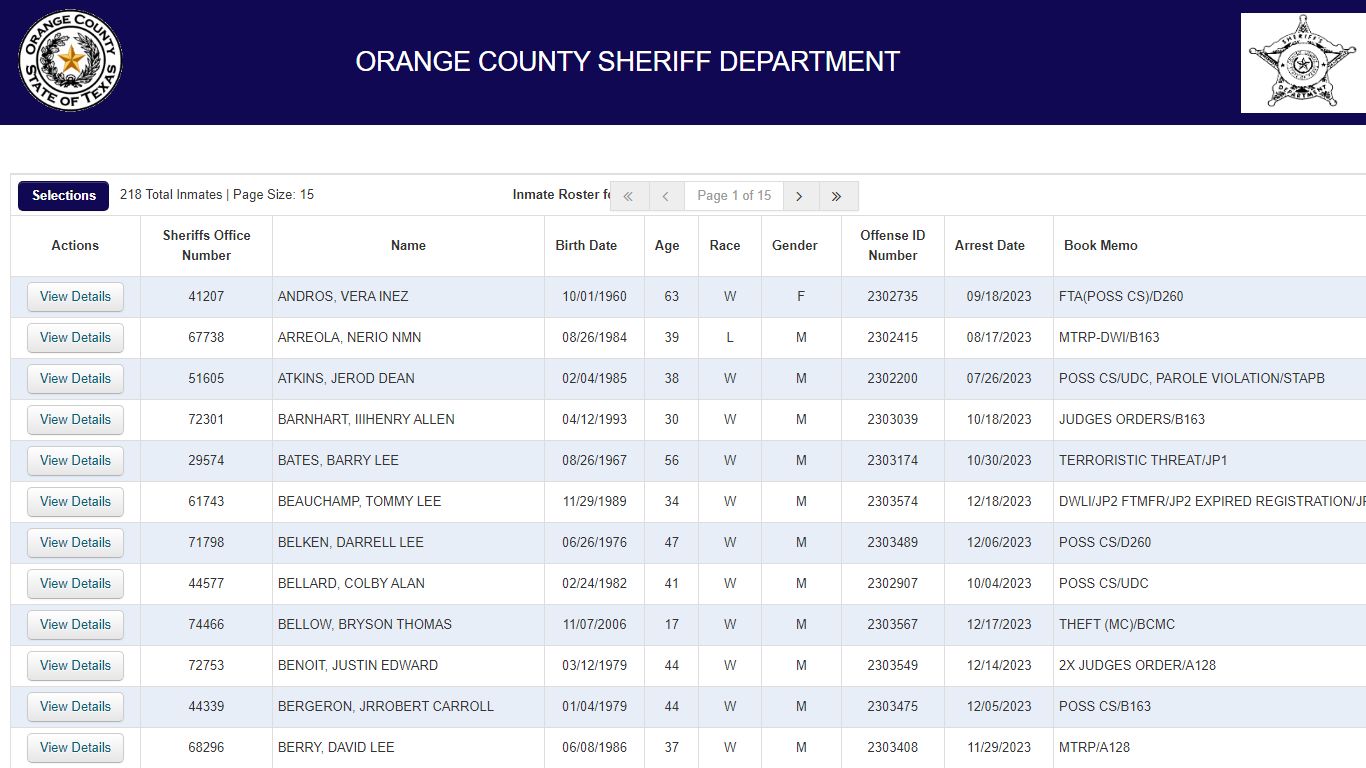 Inmate Roster - Orange County, Texas